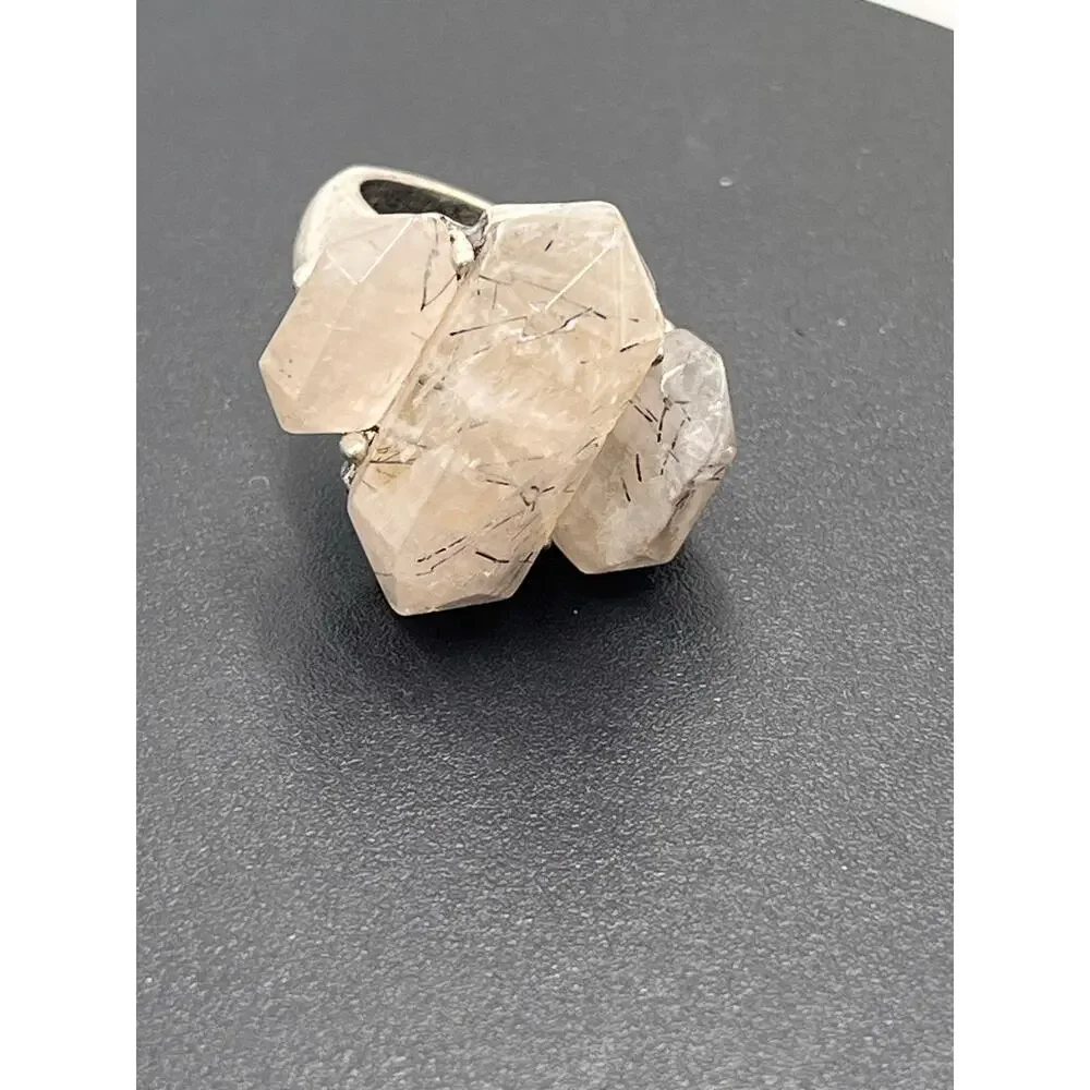 Artisan Handmade Silver Rutilated Or Tourmalinated Quartz Stone Ring‎ Sz 7 1/4